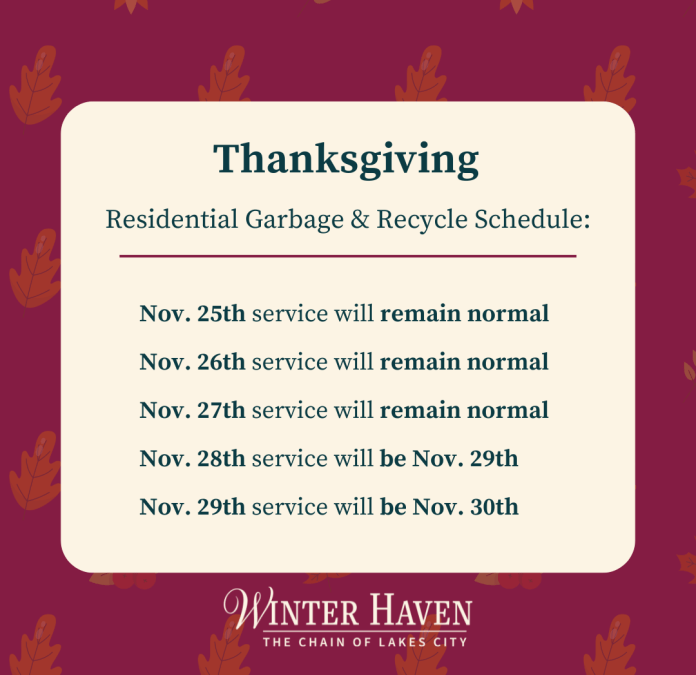 City of Winter Haven’s Thanksgiving Holiday Solid Waste Schedule Change