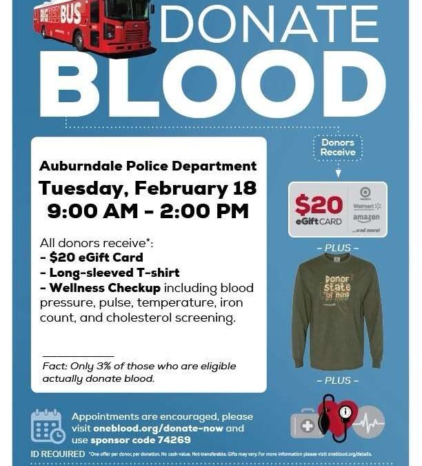 OneBlood Blood Drive Coming to Auburndale February 18